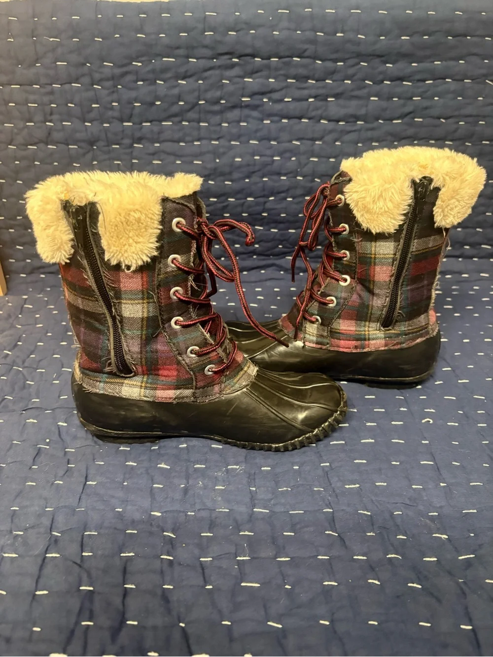 Stevies Burgundy Plaid Lace-Up Kids Snow Boots with Faux Fur Cuff